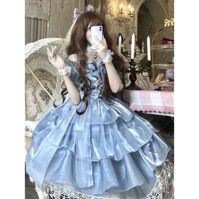 Sweet Lolita OP Dress Polyester Short Sleeves Bows Pleated Ruffles Pink Lolita One Piece Dress