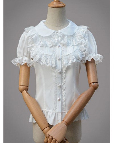 Sweet Lolita Top Chiffon Lace Ruffles Frill Trim White Lolita Blouse Tea Party