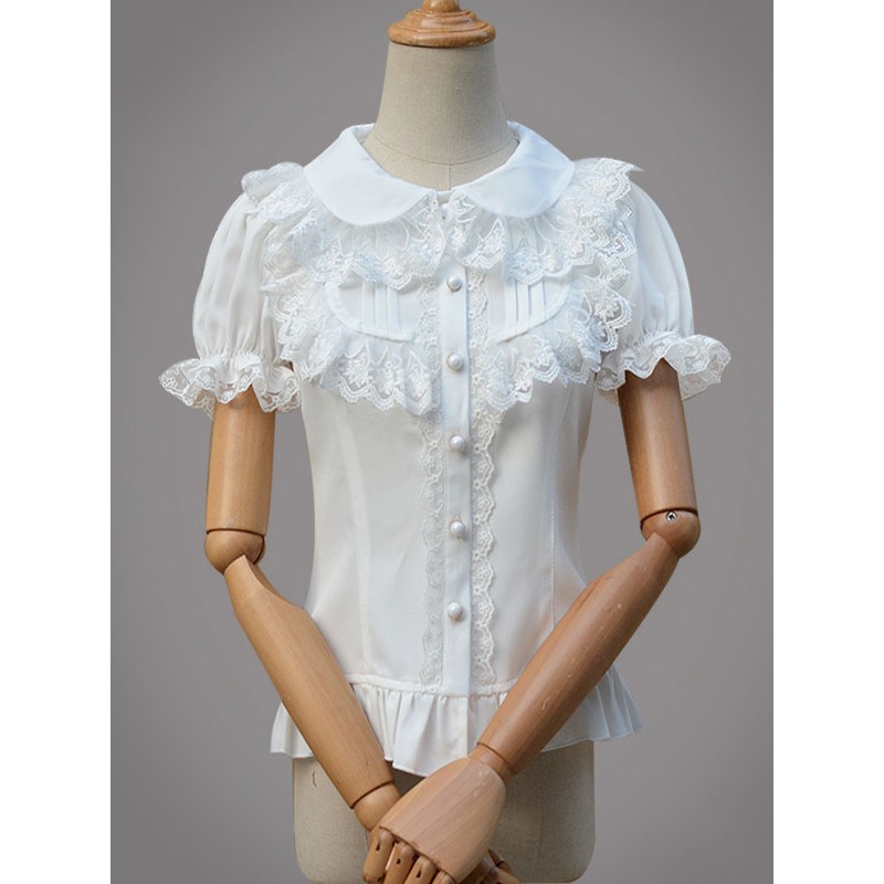 Sweet Lolita Top Chiffon Lace Ruffles Frill Trim White Lolita Blouse Tea Party