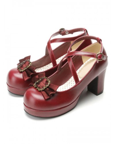 Classical Lolita Shoes Ribbon Bow Lolita Chunky Square Heels Shoes With Ankle Strap