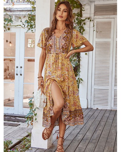 Women Maxi Dress V-Neck Short Sleeves Printed Long Dress Pastoral Style Spring Summer