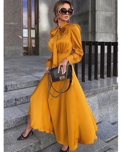 Women Long Dress Orange Yellow Turndown Collar Long Sleeves Dress Maxi Daily Casual