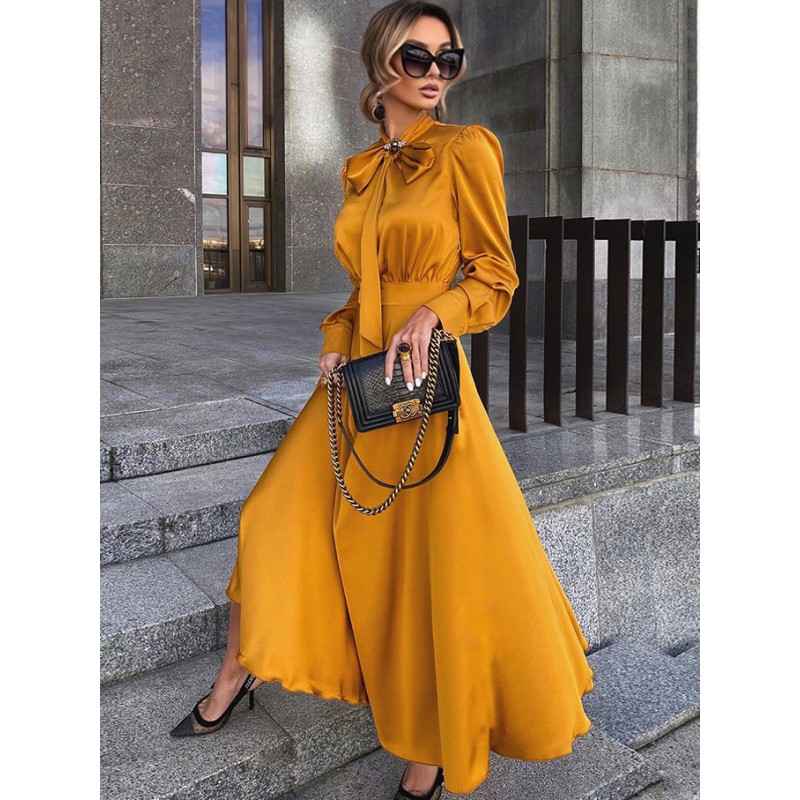 Women Long Dress Orange Yellow Turndown Collar Long Sleeves Dress Maxi Daily Casual