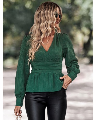 Top For Women V Neck Pleated Solid Color Fall Tee Elegant Casual Street Wear Daily Casual