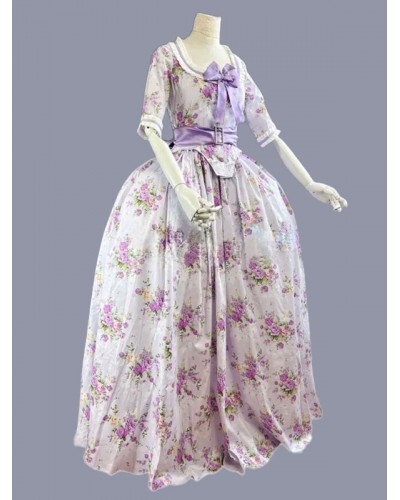 Women Purple Costumes Bows Polyester Floral Print Dress 's Marie Antoinette Costume Party Prom Dress Tunic Retro