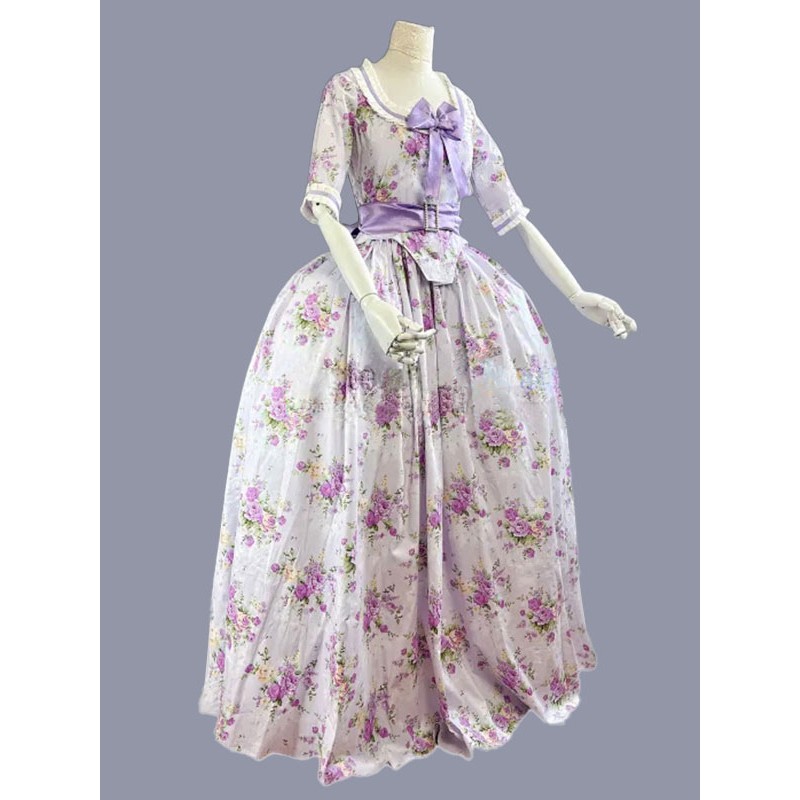 Women Purple Costumes Bows Polyester Floral Print Dress 's Marie Antoinette Costume Party Prom Dress Tunic Retro