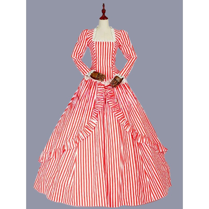 Women Red Costumes Ruffles Polyester Marie Antoinette Costume Stripes Dress 's Party Prom Dress Tunic Retro