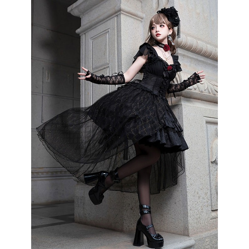 Gothic Lolita Dresses Lace Up Lace Jacquard Black