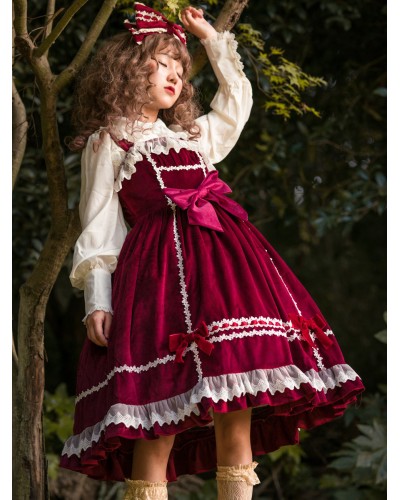 Sweet Lolita JSK Dress Fairytale Infanta Sleeveless Lace Burgundy Lolita Jumper Skirts