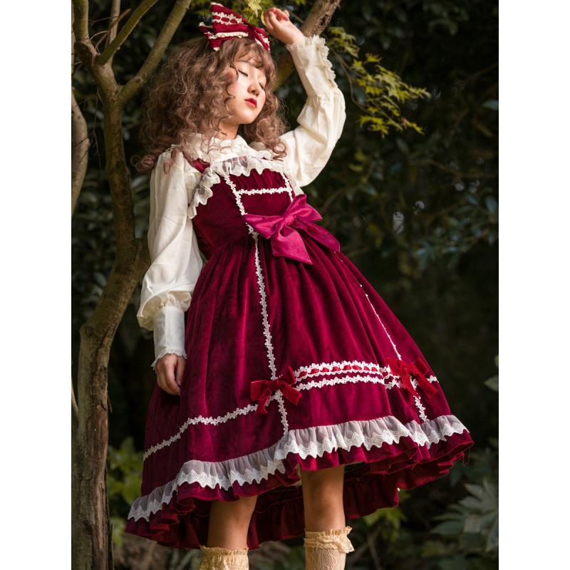 Sweet Lolita JSK Dress Fairytale Infanta Sleeveless Lace Burgundy Lolita Jumper Skirts