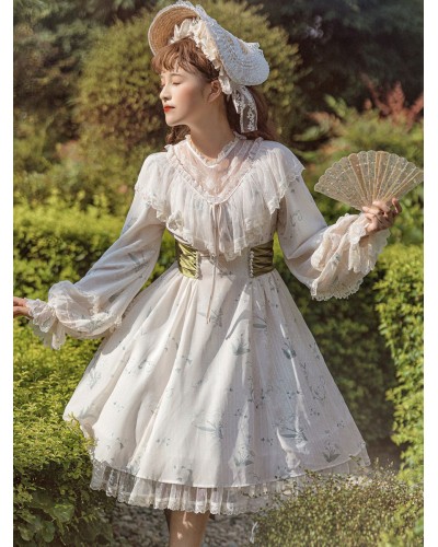 Sweet Lolita Dress Polyester Long Sleeves Pastoral Style Dress Adjustable Elastic