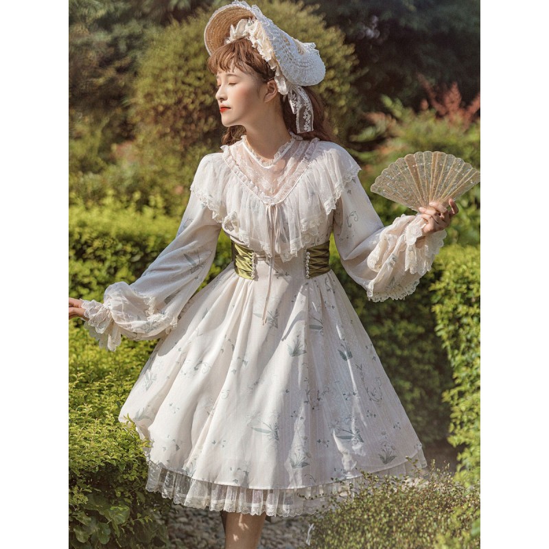 Sweet Lolita Dress Polyester Long Sleeves Pastoral Style Dress Adjustable Elastic