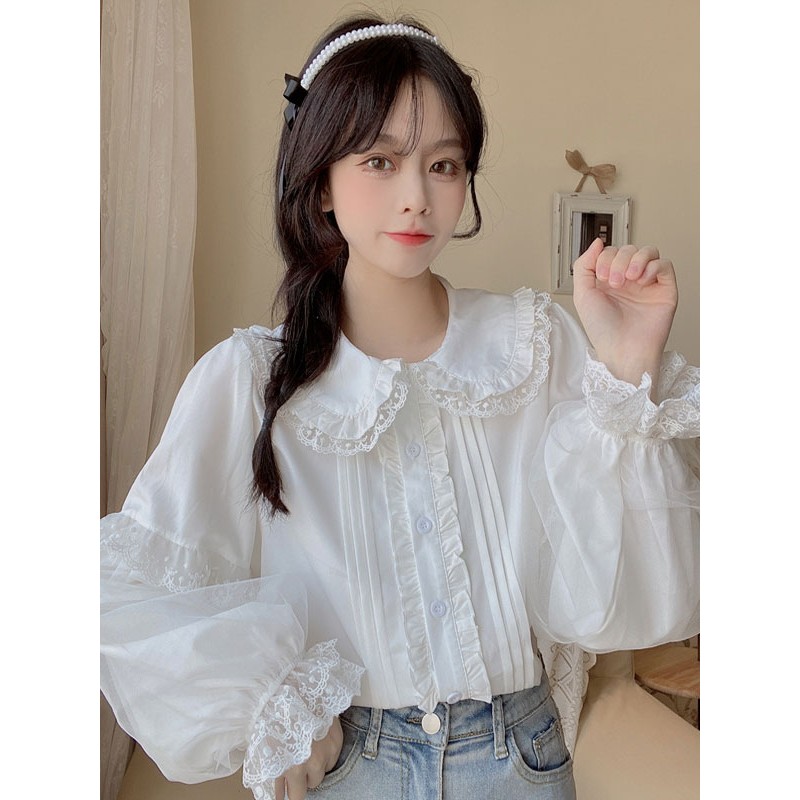 Lace Ruffles Lolita Lolita Top Long Sleeves Blouse White Lolita Shirt Blouses Daily Casual