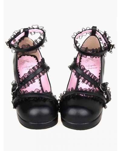 Matte Black Lolita Chunky Heels Shoes Lace Trim Ankle Straps Buckles Daily Casual