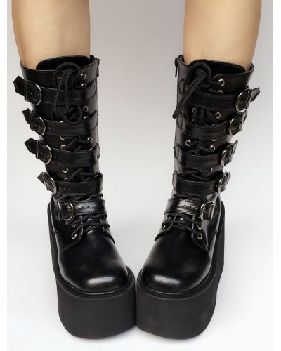 Lolita Platform Boots Black Wedge Buckle Lace Up Round Toe Lolita Short Boots