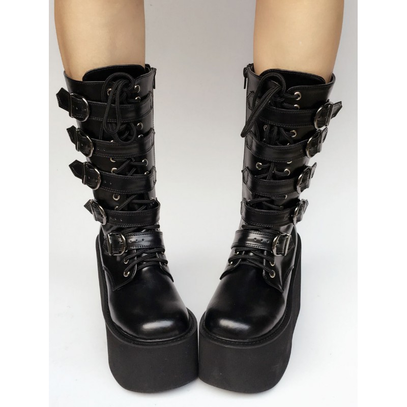 Lolita Platform Boots Black Wedge Buckle Lace Up Round Toe Lolita Short Boots