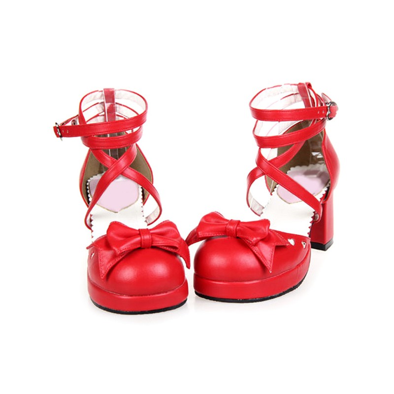 Criss-Cross Platform Leather Round Toe Lolita Shoes Sweet Street Wear