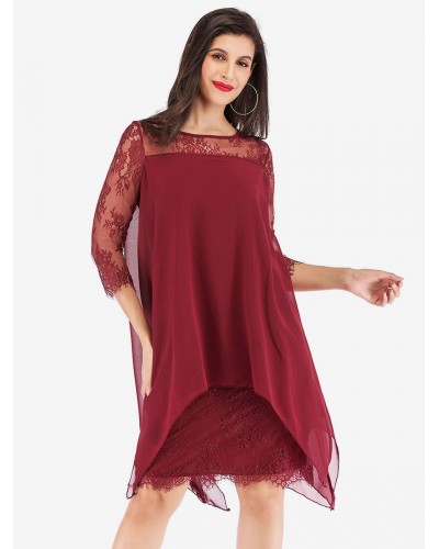 Dress Burgundy Jewel Neck Lace Chiffon Fabulous Irregular 3/4 Length Sleeves Fall Dress Shift Street Wear