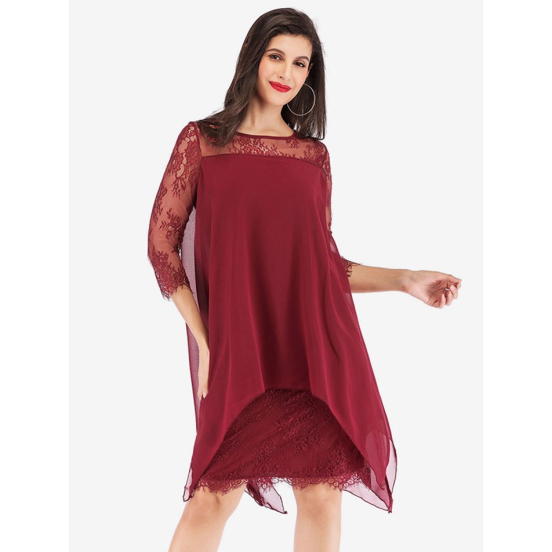 Dress Burgundy Jewel Neck Lace Chiffon Fabulous Irregular 3/4 Length Sleeves Fall Dress Shift Street Wear