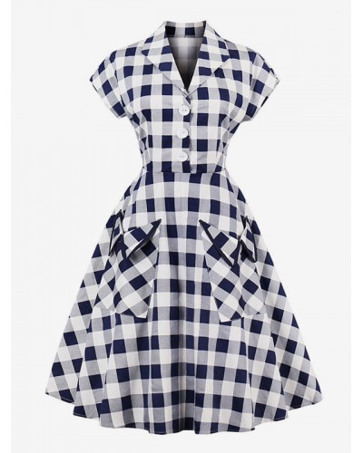 Women White Vintage Dresses V Neck Short Sleeve Checkered A Line Midi Dress Party