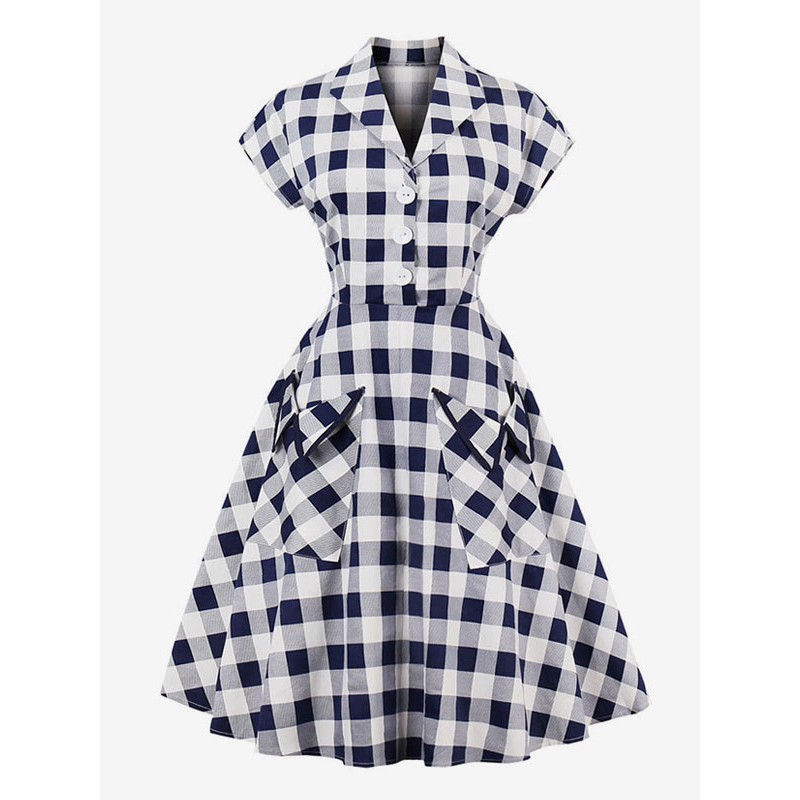 Women White Vintage Dresses V Neck Short Sleeve Checkered A Line Midi Dress Party