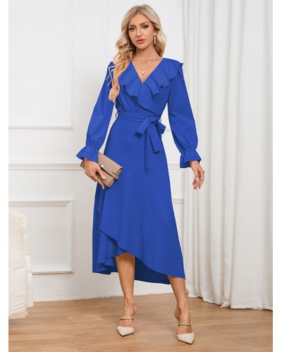 Midi Dress Ruffles Asymmetrical Polyester V-Neck Long Sleeves Elegant Fall Winter