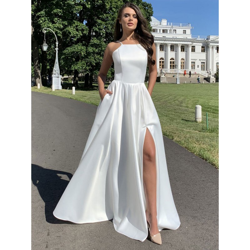 Dresses Straps Neck Sleeveless White High Split Floor Length Dress Maxi