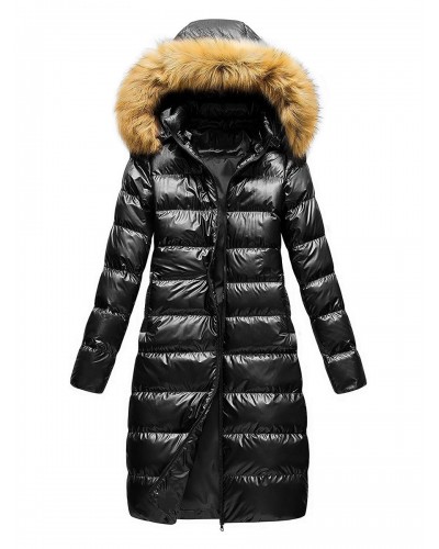 Women Jacket Black Puffer Coat Faux Fur Hooded Winter Outerwear Puffers