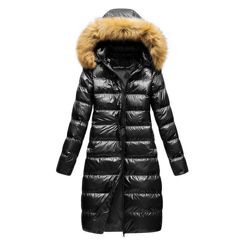 Women Jacket Black Puffer Coat Faux Fur Hooded Winter Outerwear Puffers