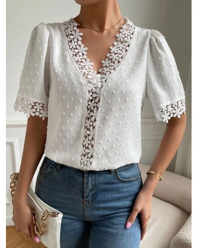 Shirt For Women White Applique V-Neck Short Sleeves Tops Casual Street Wear Field