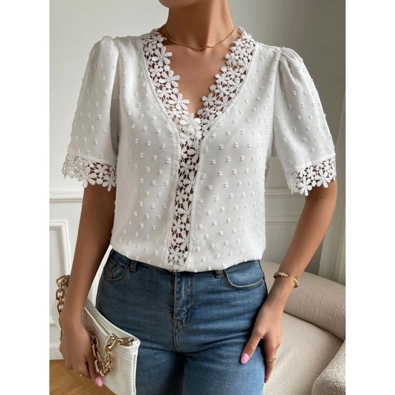 Shirt For Women White Applique V-Neck Short Sleeves Tops Casual Street Wear Field