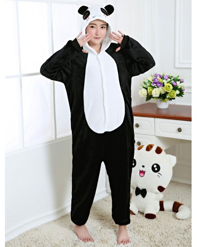 Unisex Kigurumi Pajamas Panda Onesie Black Flannel Animal Winter Sleepwear For Adult Back With Zipper Costume Carnival Onesie Pajamas Jumpsuits