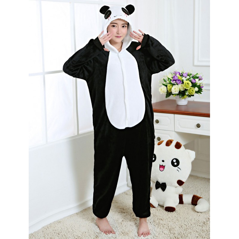 Unisex Kigurumi Pajamas Panda Onesie Black Flannel Animal Winter Sleepwear For Adult Back With Zipper Costume Carnival Onesie Pajamas Jumpsuits