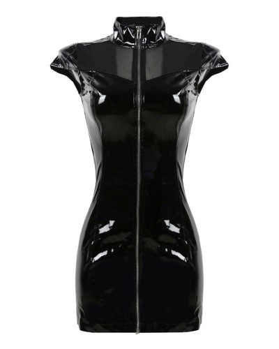 Sexy Catsuits Women's Black PVC Sleeveless Stand Collar Shiny Front Zipper Bodycon Dress Costume