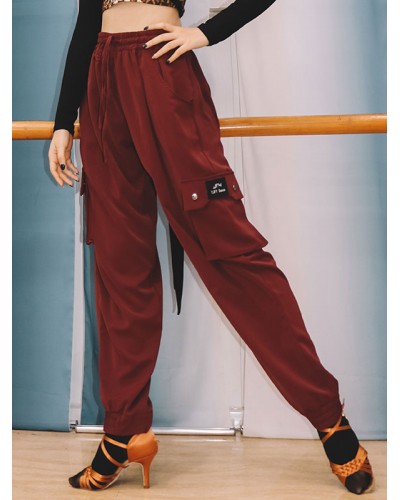 Women Latin Dance Costume Burgundy Chiffon Long Pants Latin Dancer Dancing Pants