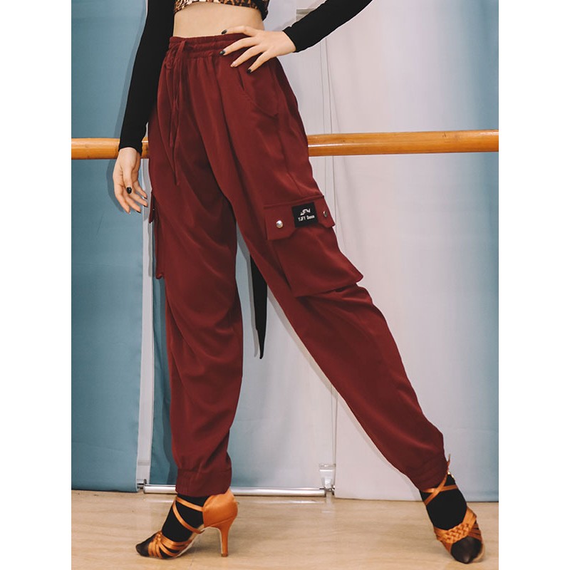 Women Latin Dance Costume Burgundy Chiffon Long Pants Latin Dancer Dancing Pants