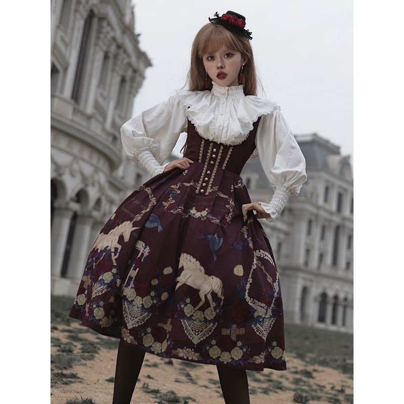 Lolita SK Floral Print Burgundy Lolita Skirts Gothic Spring Summer Fall Winter