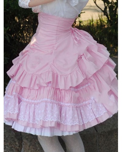 Sweet Lolita Dress SK Pink Lace Criss Cross Ruffle High Waist Cotton Lolita Skirt Daily Casual