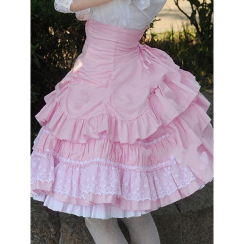 Sweet Lolita Dress SK Pink Lace Criss Cross Ruffle High Waist Cotton Lolita Skirt Daily Casual