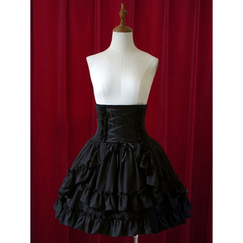 Pure Black High Waist Lolita Short Skirt With Layered Ruffles Gothic Fall Daily Casual