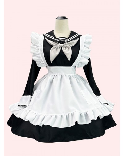 Sweet Lolita Dress Polyester Long Sleeves Ruffles Navy Style Dress