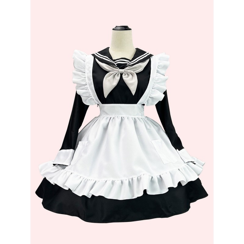 Sweet Lolita Dress Polyester Long Sleeves Ruffles Navy Style Dress