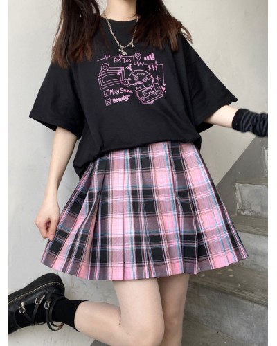 Lolita Blouse For Women Jewel Neck Short Sleeves Black Polyester T-Shirt