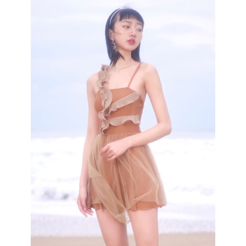 Sweet Lolita Outfits Coffee Brown Ruffles Tiered Sleeveless Lolita Swimming Suit Sets