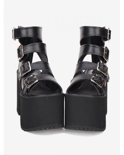 Gothic Lolita Sandals Buckle Platform Chunky Heel Black Lolita High Heels Daily Casual Tea Party