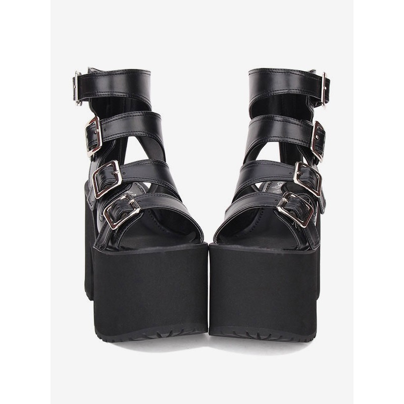 Gothic Lolita Sandals Buckle Platform Chunky Heel Black Lolita High Heels Daily Casual Tea Party