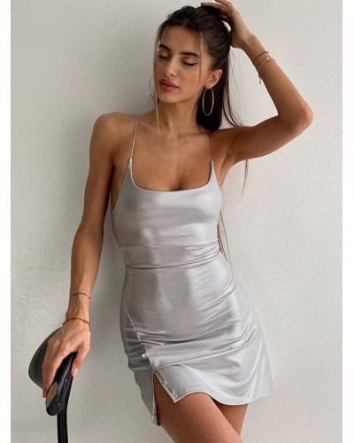 Mini Dresses Silver Sleeveless Short Dress Bodycon Night Out Rave Club