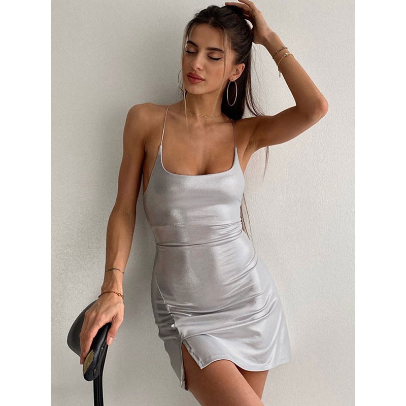 Mini Dresses Silver Sleeveless Short Dress Bodycon Night Out Rave Club