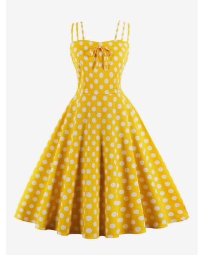 Yellow Vintage Dress Straps Polka Dot Cotton Retro Summer Dress Night Out Daily Casual