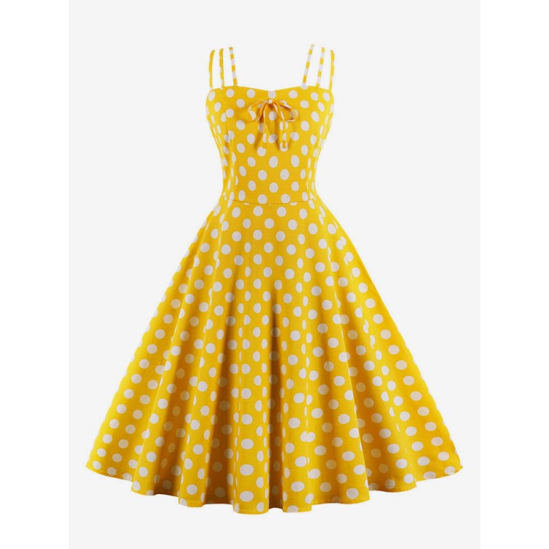 Yellow Vintage Dress Straps Polka Dot Cotton Retro Summer Dress Night Out Daily Casual